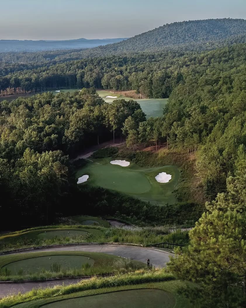 Looking down onto a green and its bunkers at FarmLinks at Pursell Farms from well above, enclosed by Alabama hardwood forest.