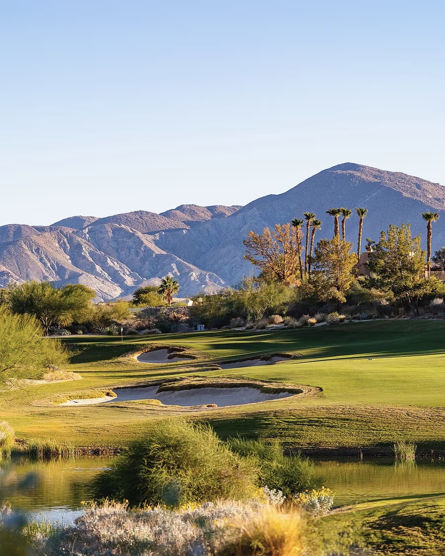 A desert mountain rising behind palms in golden light at Rams Hill Golf Club, with water and bunkers in the foreground.